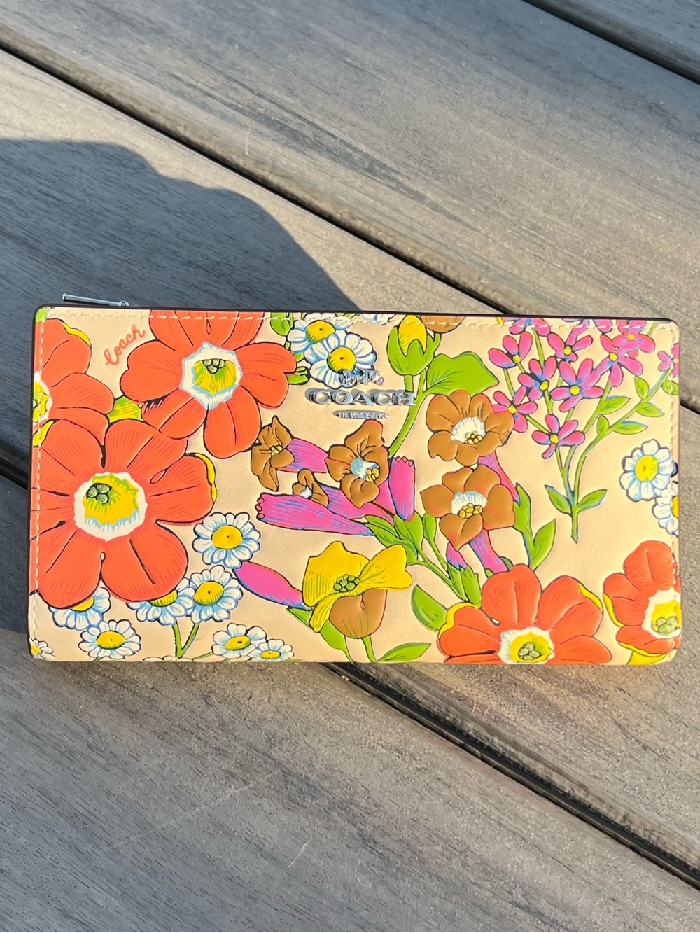 Coach; Slim Zip Wallet; Rare; Ivory/Multi Color; Textured; Floral Print Leather